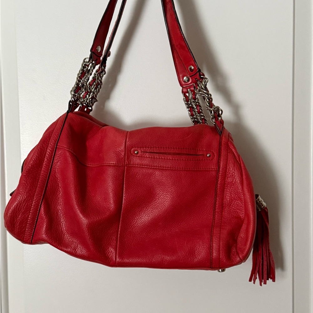 B Makowsky Red Pebbled Leather Hobo Shoulder Bag Silver Hardware Purse - Picture 3 of 11